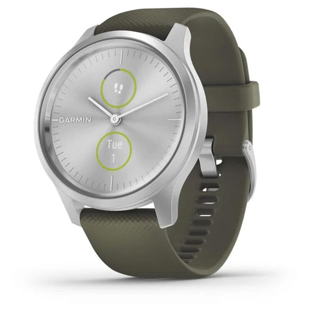 Garmin vivomove Style Hybrid Smartwatch in Moss Green Band in Silver, , large