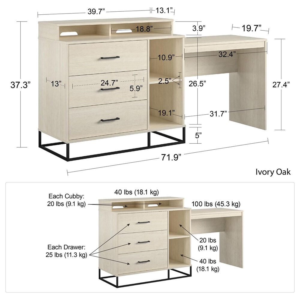 DHP Kelly 3 in 1 Media Dresser &amp; Desk in Ivory Oak, , large