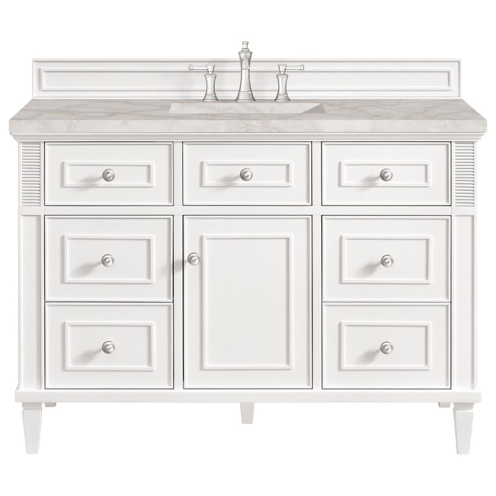James Martin Vanities Lorelai 48&quot; Single Vanity in Bright White with 3 cm Victorian Silver Quartz Top, , large