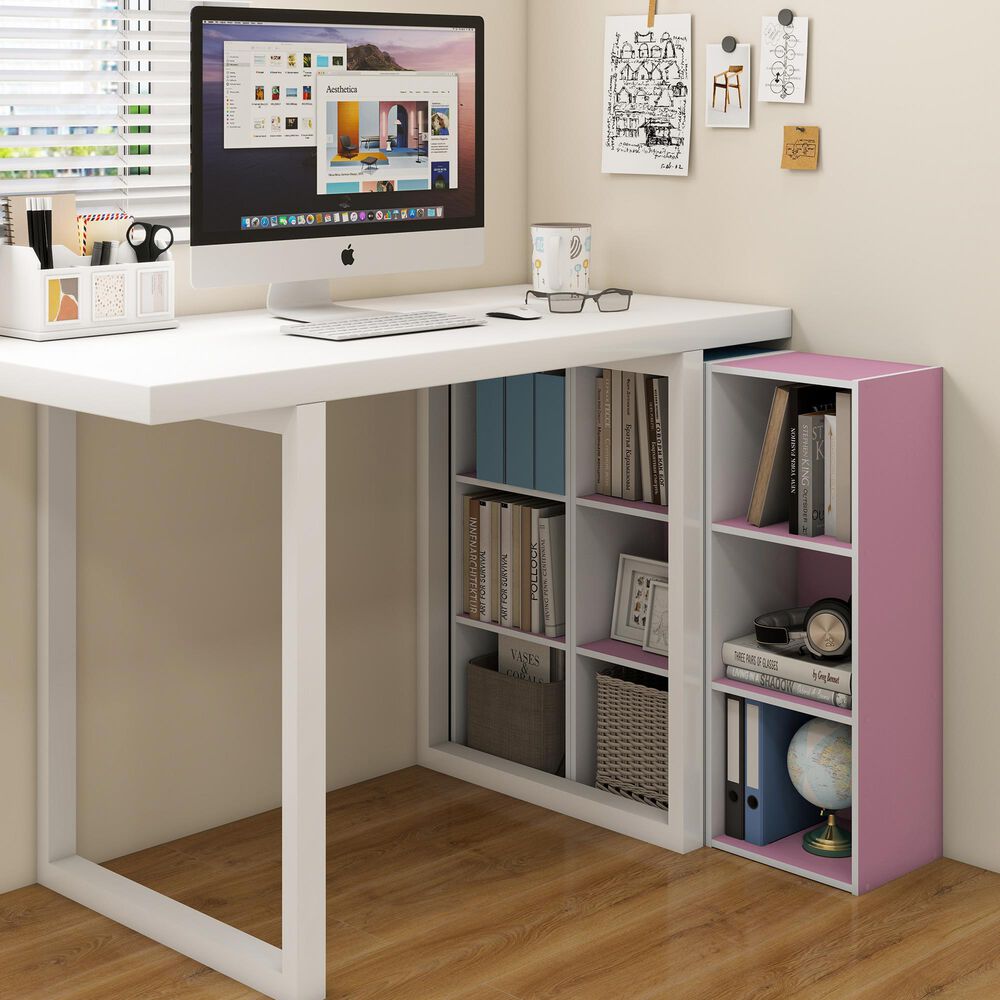 HOMLUX 3-Tier Bookcase with Decorative Open Shelves in White and Pink, , large