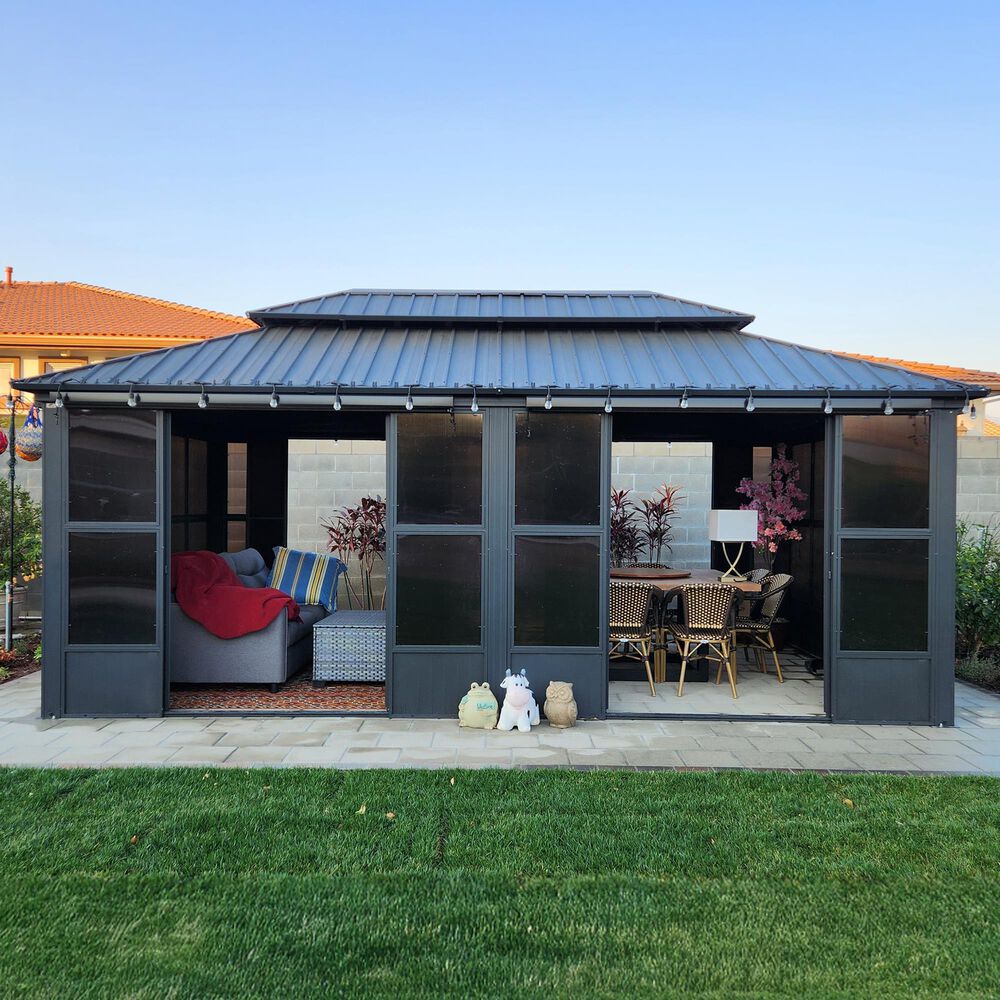 HOMLUX 12' x 20' Outdoor Hardtop Gazebo with Aluminum Frame, Double Galvanized Roof, Detachable Windows, Solarium Sunroom in Gray, , large