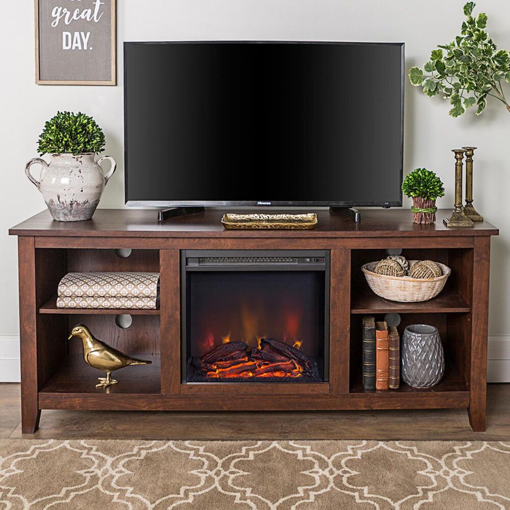 Walker Edison 58 Farmhouse Fireplace TV Stand in Traditional Brown | NFM