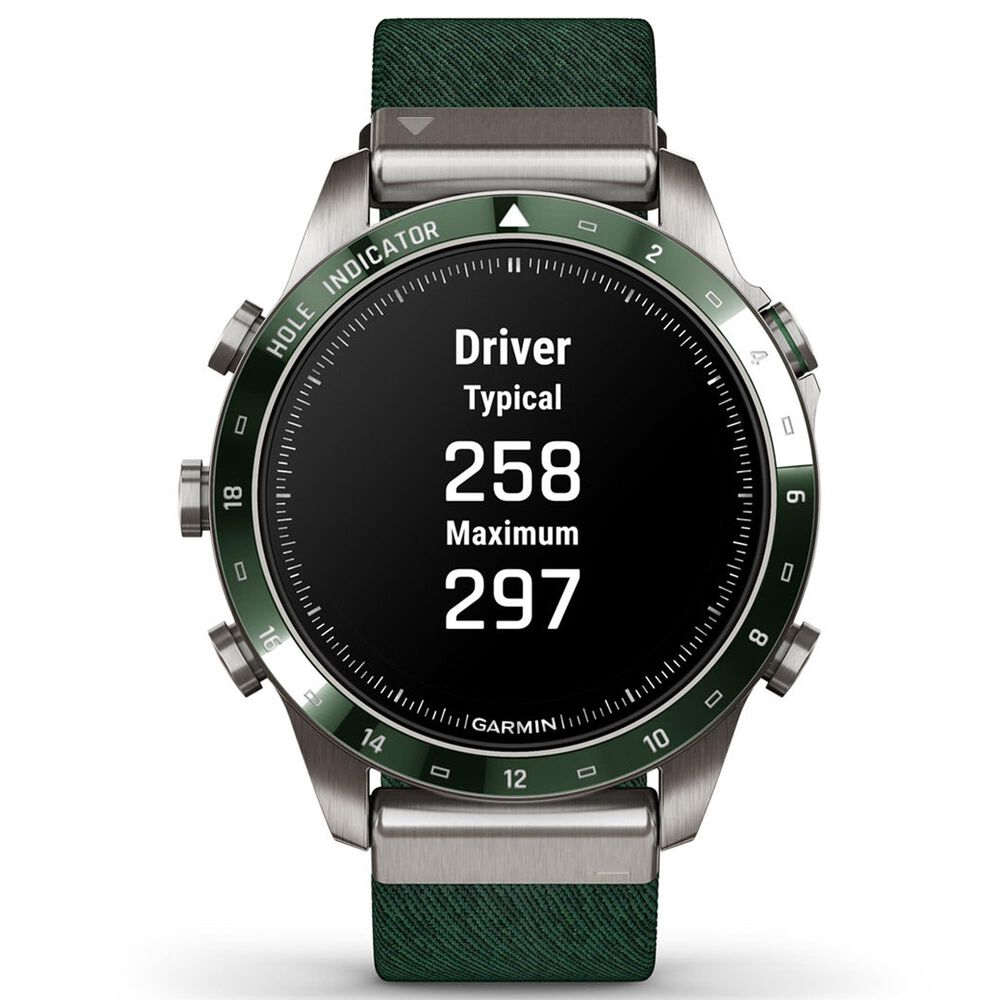 Garmin MARQ 2 Golfer AMOLED Smartwatch Silver Grade 5 Titanium Bezel Case with Green Nylon Band, , large