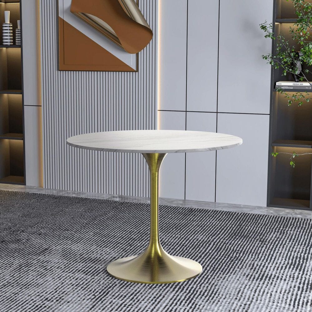 Leisuremod LeisureMod Verve Collection 36 Round Dining Table, Brushed Gold Base with Sintered Stone White Top, , large