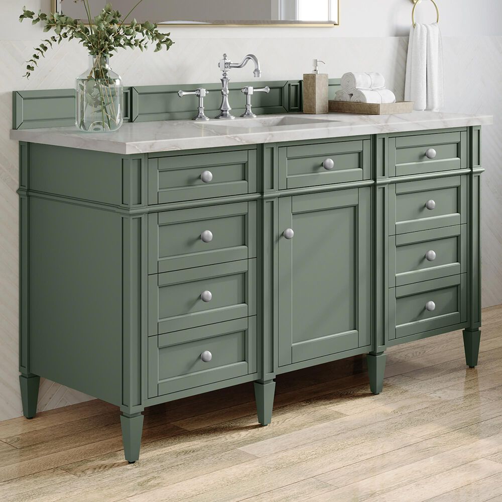 James Martin Vanities Brittany 60" Single Bathroom Vanity in Smokey Celadon with 3 cm Eternal Jasmine Pearl Silestone Top, Rectangular Sink and FreePower Wireless Charger, , large