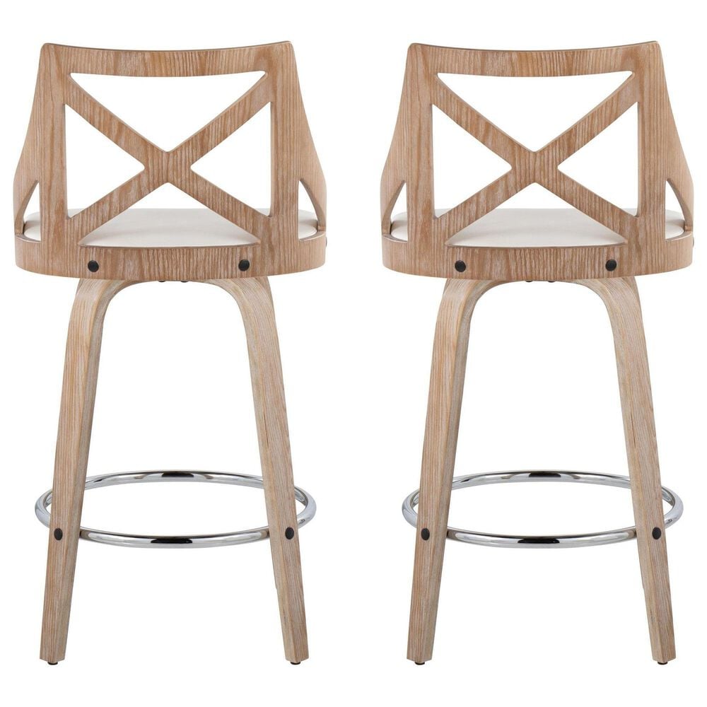LumiSource Charlotte Swivel Counter Stool with White Faux Leather Upholstery in Whitewashed and Chrome (Set of 2), , large