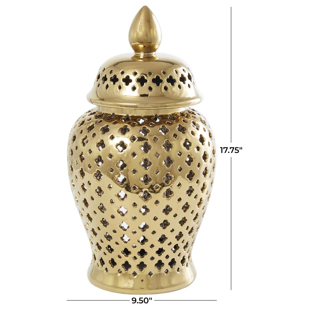 Maple and Jade Jar with Cutout Geometric Design and Lid in Polished Gold, , large