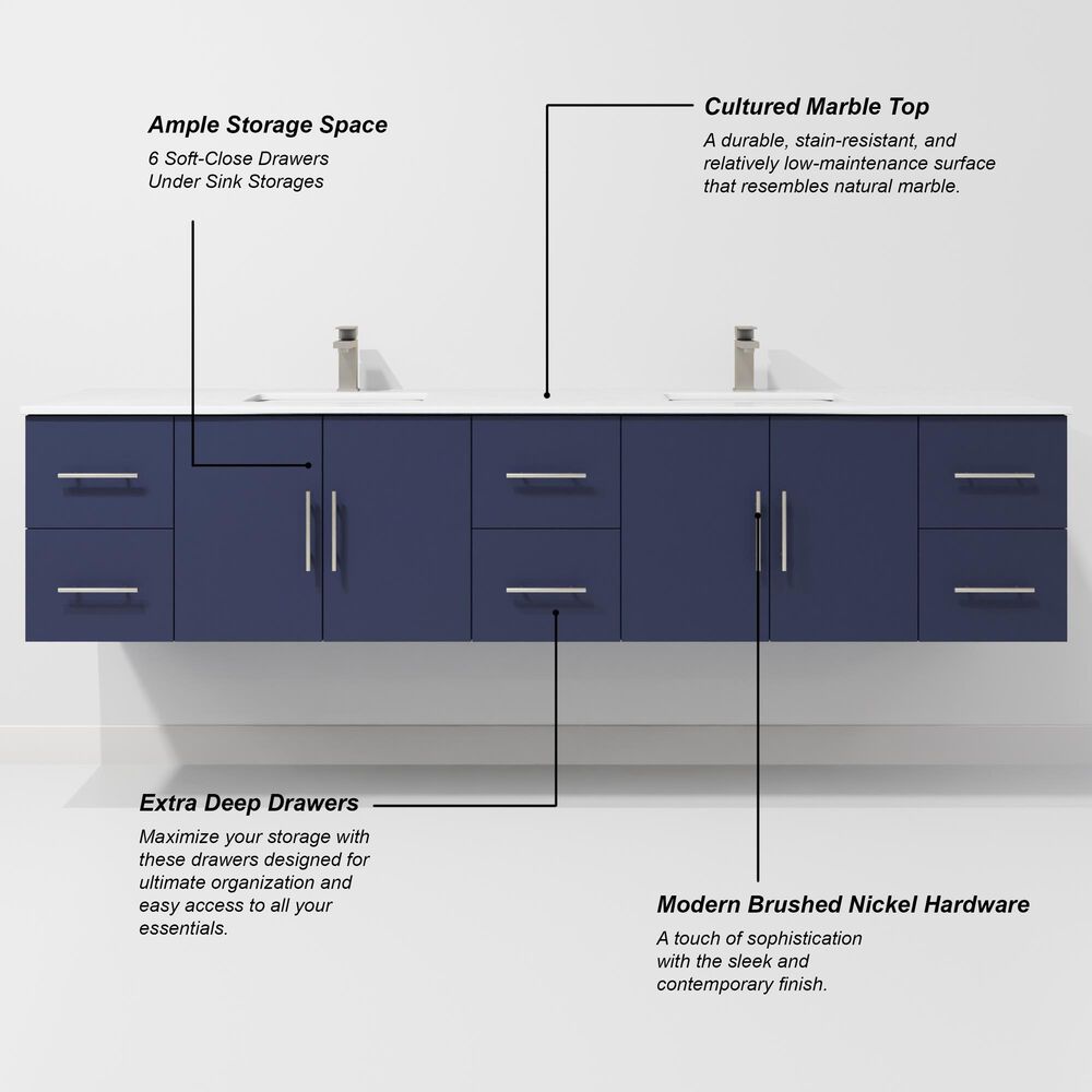 Lexora Home Geneva 84" Double Bathroom Vanity in Navy Blue with 2 cm White Cultured Marble Top and Rectangular Sinks, , large