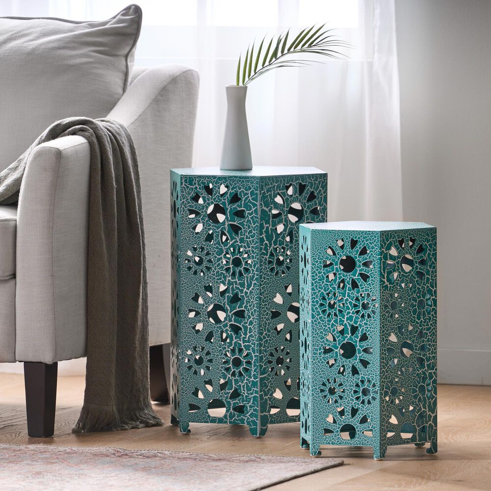 Hearth and Haven Eliana 2-Piece Outdoor Hexagon Metal Side Table Set with Sunburst Cut Out Design in Teal, , large