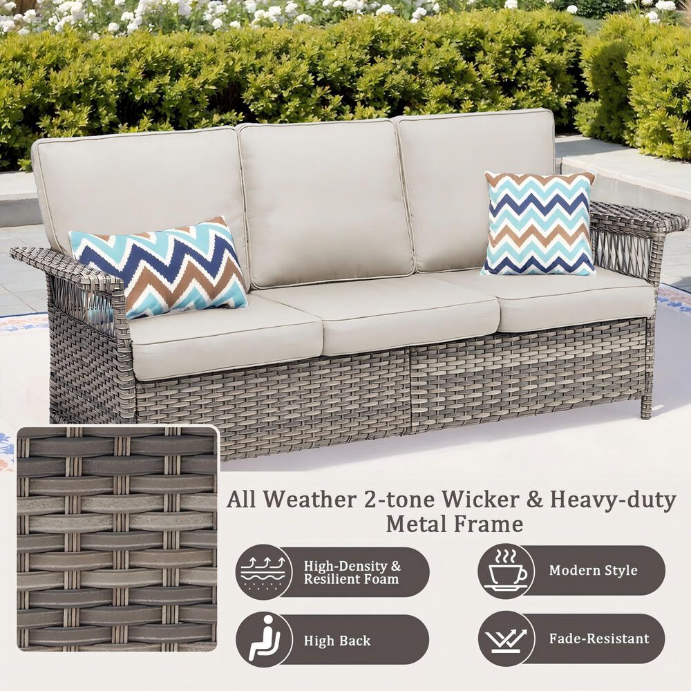 Sunwell Garden 33"H 3-Seater Outdoor Sofa with Ergonomic Design and Beige Cushions in Gray, , large