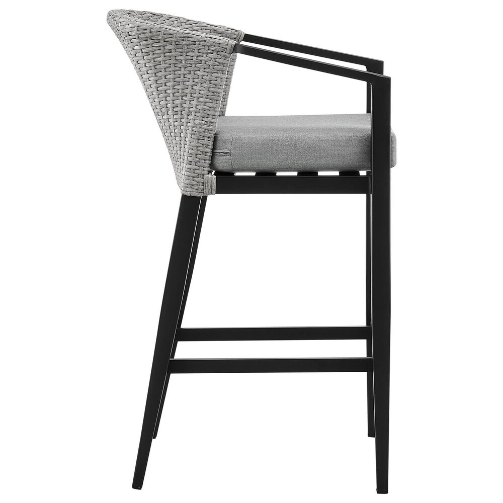 Armen Living Palma Patio Bar Stool with Dark Grey Cushion in Black, , large