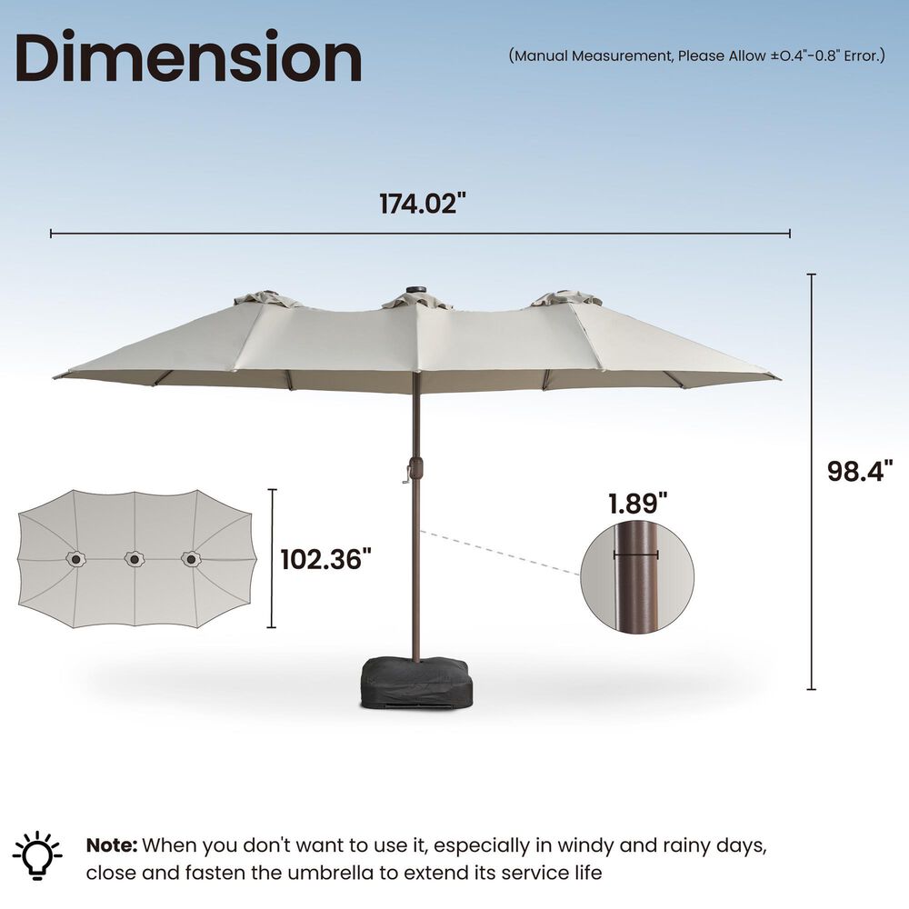 HOMLUX 15' Double-Sided Outdoor Market Umbrella with Sandbag Base and White LED Beads in Light Gray, , large