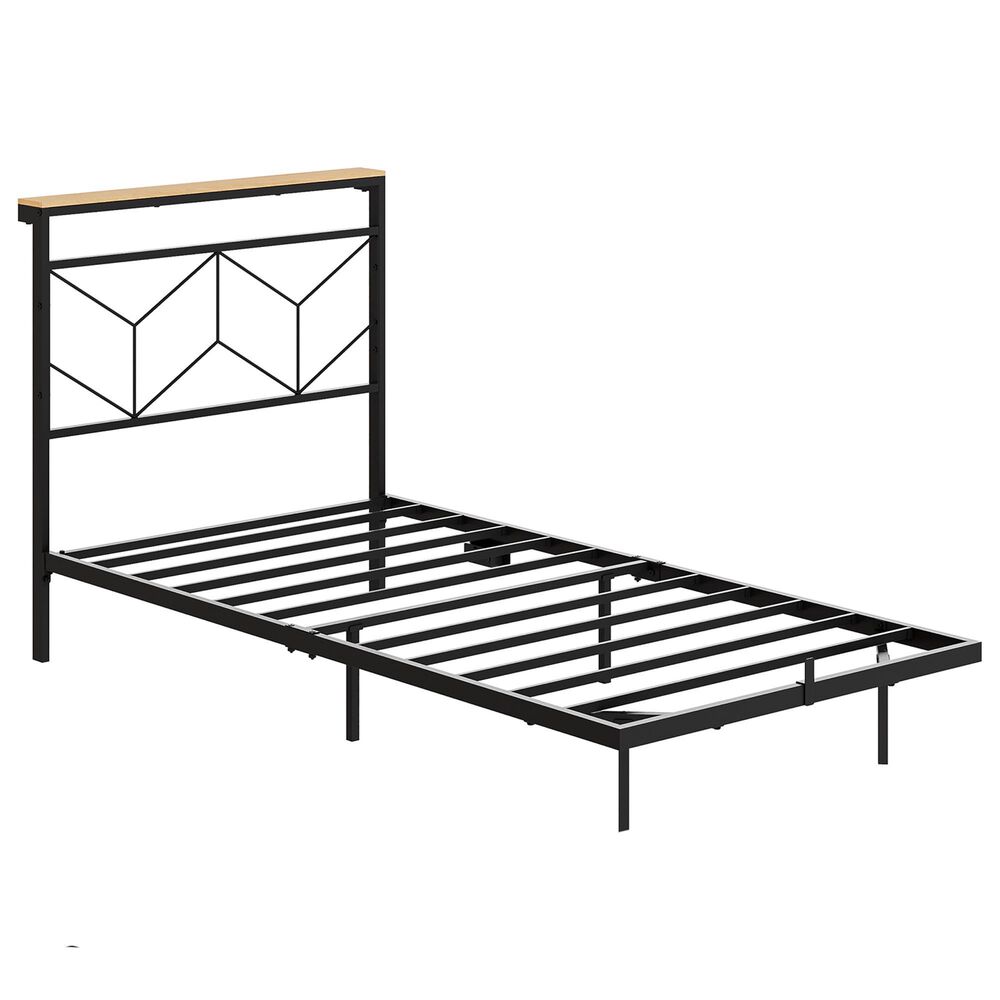 HOMLUX Twin Floating Bed Frame with LED Headboard and Charging Station in Black, , large