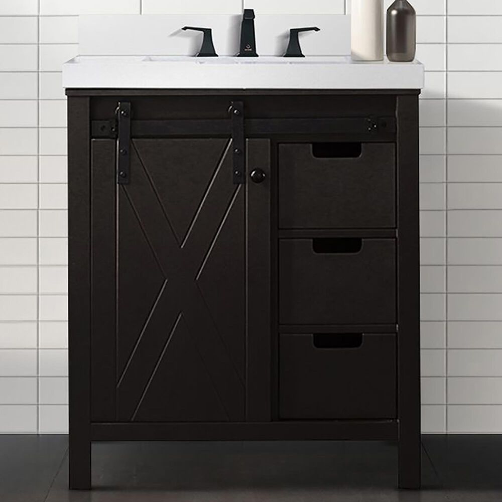 Lexora Home Marsyas 30&quot; Single Bathroom Vanity in Brown with White Quartz Top and Rectangular Sink, , large