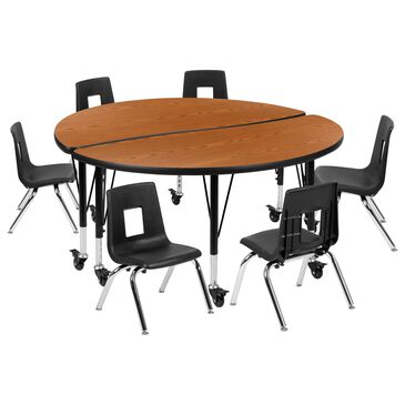 Flash Furniture Emmy Mobile 8-Piece 47.5" Circle Wave Activity Table Set with 12" Student Stack Chairs in Oak, Black and Chrome, , large