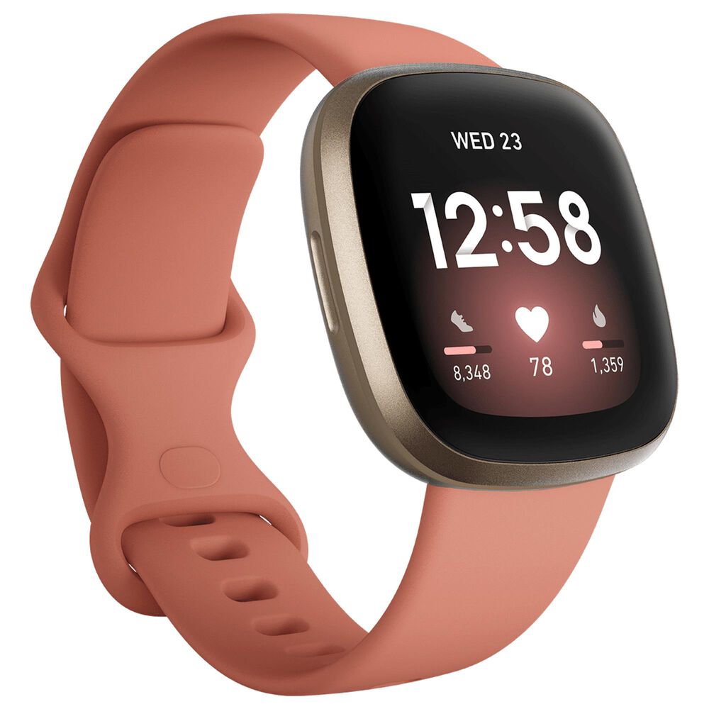 Fitbit Versa 3 Fitness Smartwatch with Pink Clay Band in Soft Gold, , large