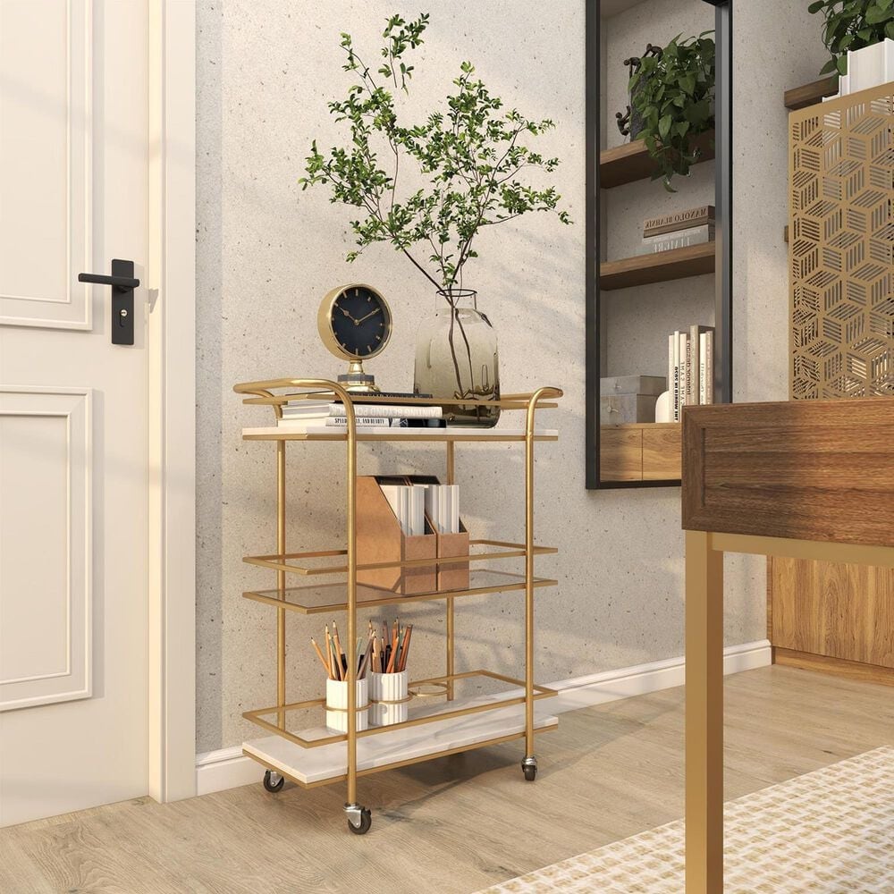 Maple and Jade 3-Shelf Bar Cart with Handle in Satin Gold and White Marble, , large