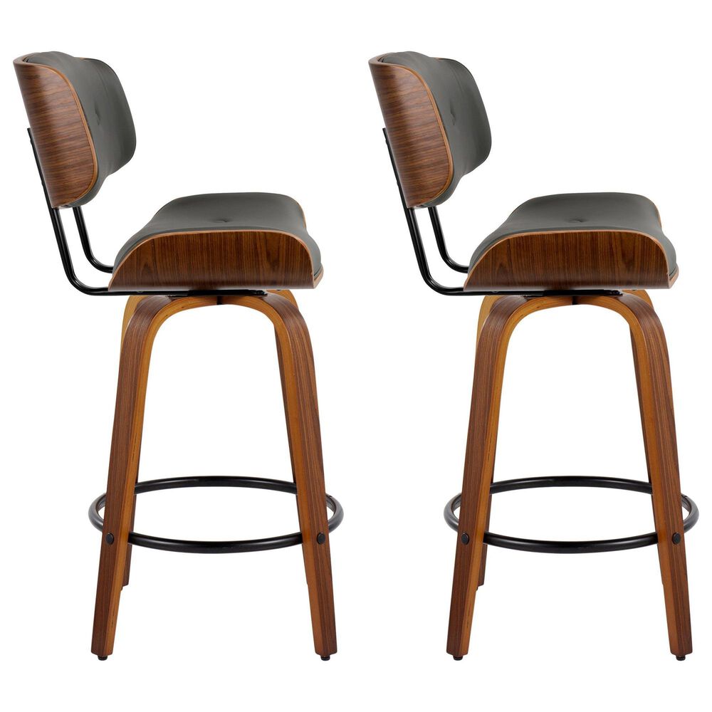 LumiSource Lombardi 26" Swivel Counter Stool with Grey Faux Leather Upholstery in Walnut and Black (Set of 2), , large