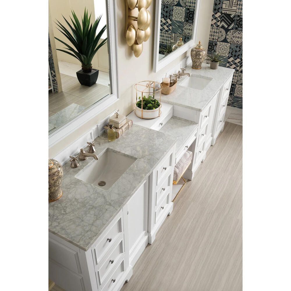 James Martin Vanities De Soto 118&quot; Double Bathroom Vanity in Bright White with 3 cm Carrara White Marble Top, , large