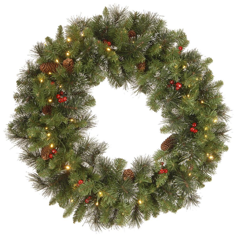 National Tree 30" Crestwood Spruce Green Wreath with Warm White LED Lights, , large