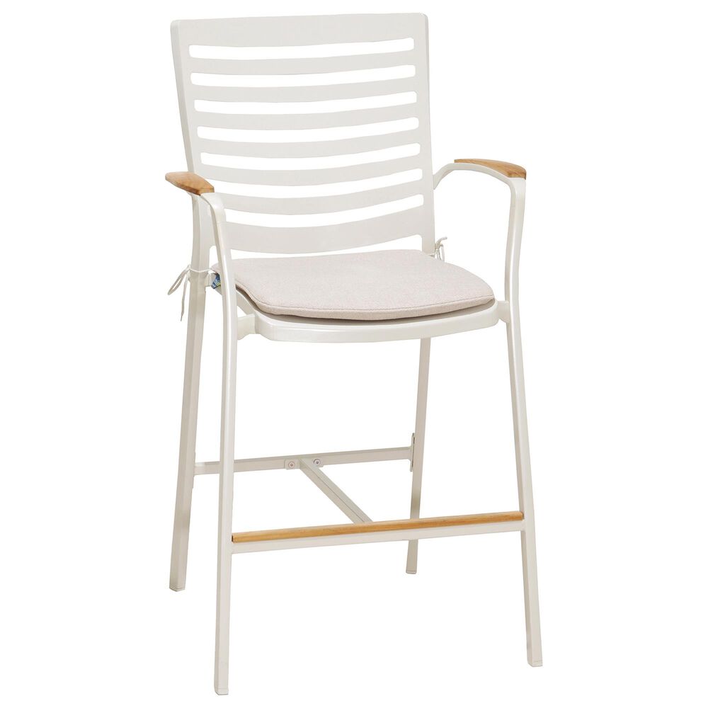 Blue River Portals Patio Barstool with Beige Cushion in Light Matte Sand and Natural Teak, , large