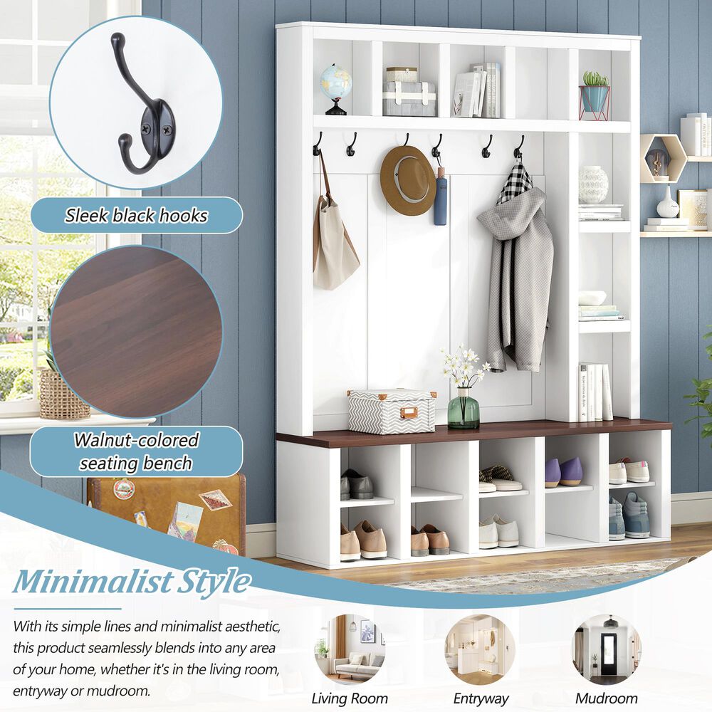 HOMLUX 6-Hook Hall Tree with Cubbies in White, , large