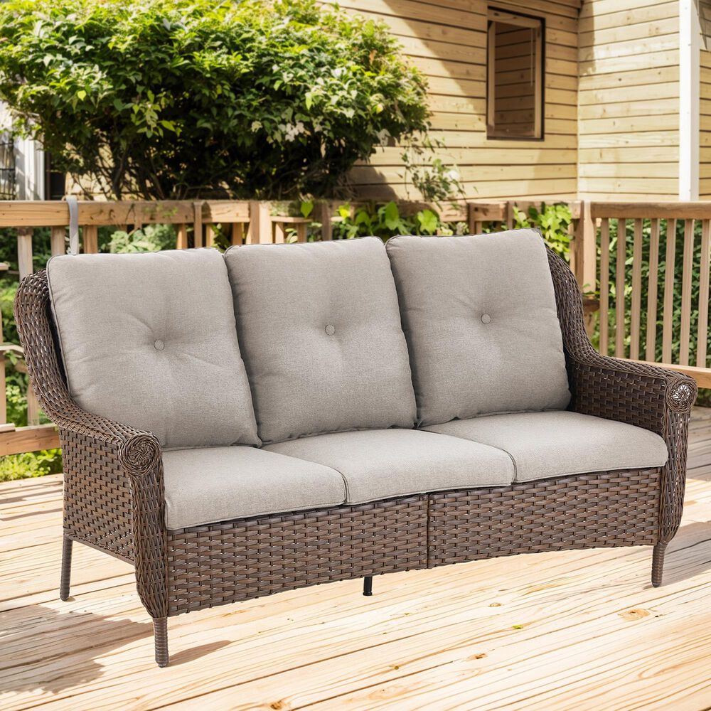 Sunwell Garden 3-Seater Patio Sofa with Floral Armrests in Beige, , large