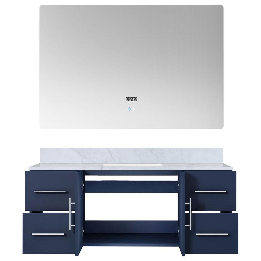 Lexora Home Geneva 48&quot; Single Bathroom Vanity in Glossy White with 2 cm White Carrara Marble Top, Rectangular Sink and 48&quot; LED Mirror, , large