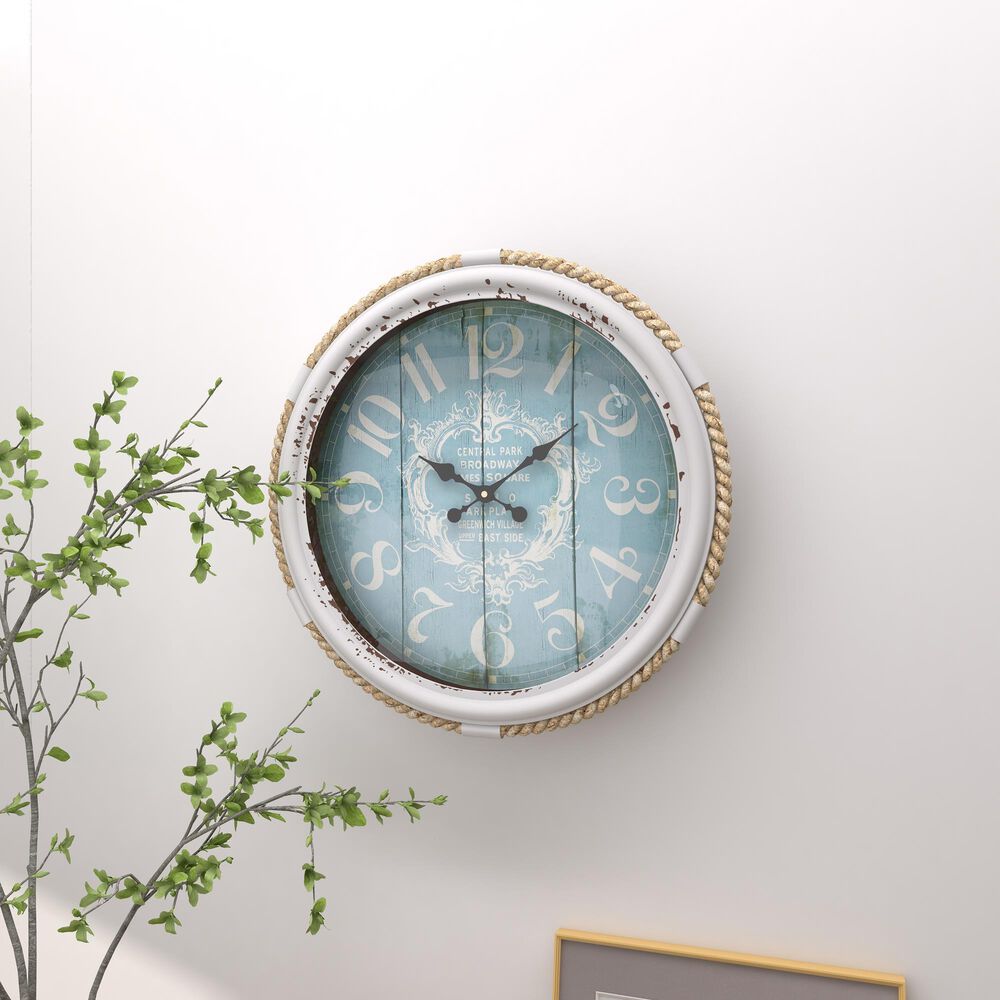 Maple and Jade 17&quot; Wall Clock in Distressed White and Blue, , large