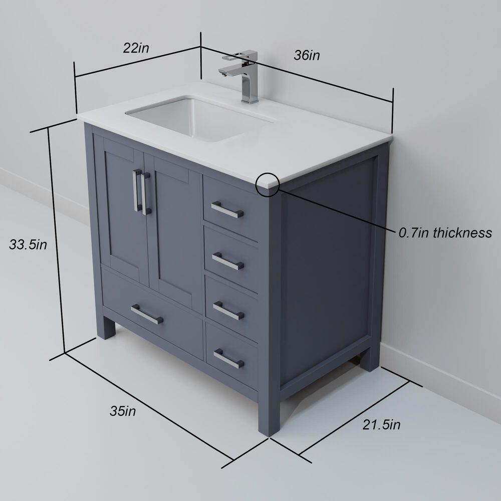 Lexora Home Jacques 36" Left Offset Single Bathroom Vanity in Dark Grey with 2 cm White Cultured Marble Top and Rectangular Sink, , large