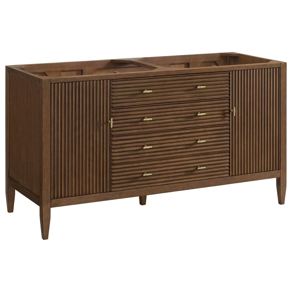 James Martin Vanities Myrrin 60&quot; Double Vanity in Mid Century Walnut with 3 cm Parisien Bleu Quartz Top, , large