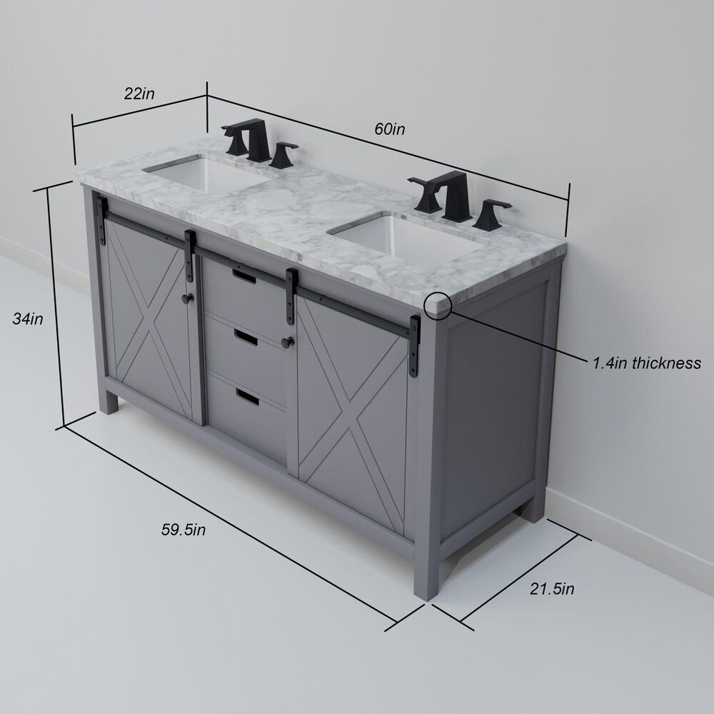 Lexora Home Marsyas 60" Double Bathroom Vanity in Dark Grey with White Carrara Marble Top and Rectangular Sinks, , large