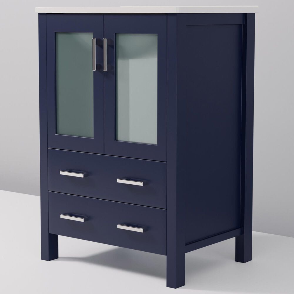 Lexora Home Volez 24&quot; Single Bathroom Vanity in Navy Blue with 2 cm White Ceramic Top and Rectangular Sink, , large