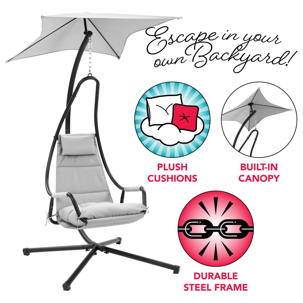 CorLiving Kingsley Chaise Lounge Chair with Canopy in Light Grey, , large