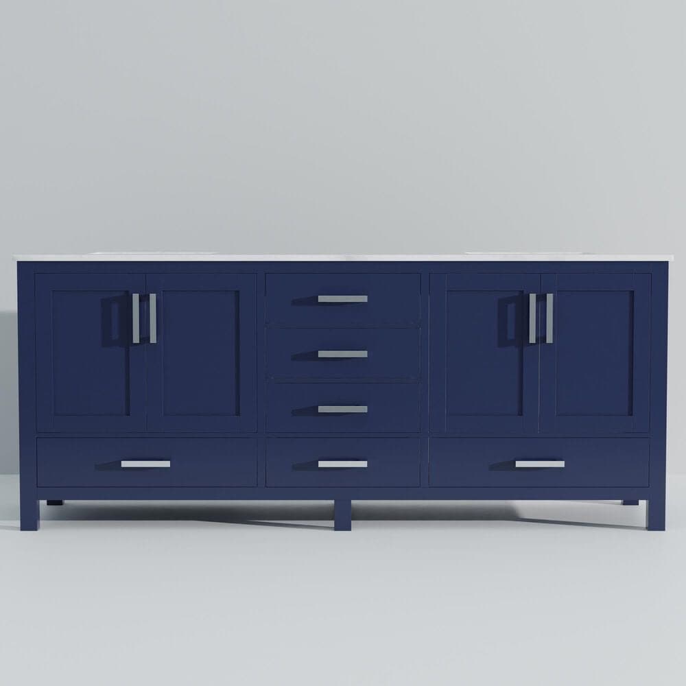 Lexora Home Jacques 80&quot; Double Bathroom Vanity in Navy Blue with 2 cm White Carrara Marble Top and Rectangular Sinks, , large