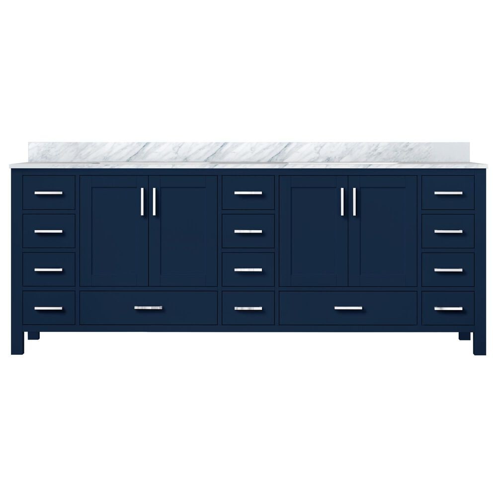 Lexora Home Jacques 84" Double Bathroom Vanity in Navy Blue with 2 cm White Carrara Marble Top and Rectangular Sinks, , large