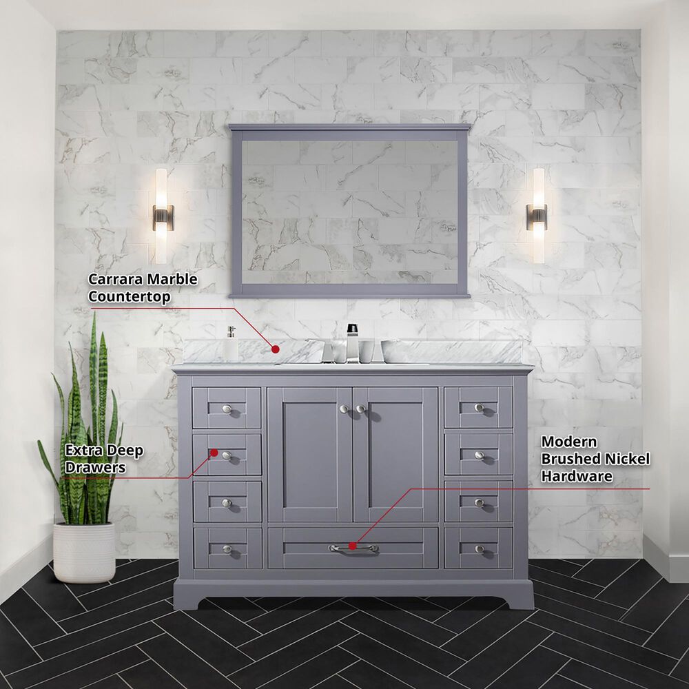Lexora Home Dukes 48&quot; Single Bathroom Vanity in Dark Grey with 2 cm White Carrara Marble Top and Rectangular Sink, , large