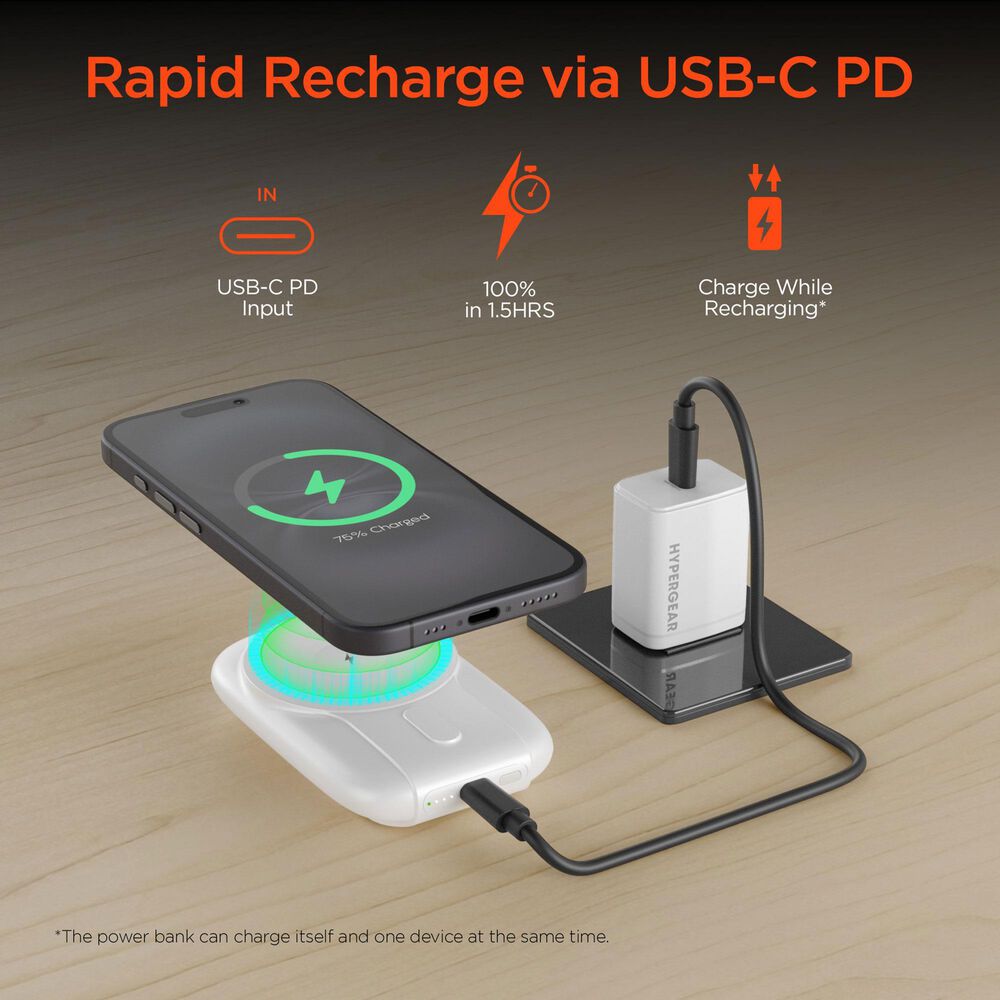 Hypercel Mag Grip Go 5000mAh Magnetic Wireless Fast Charge Power Bank in White, , large