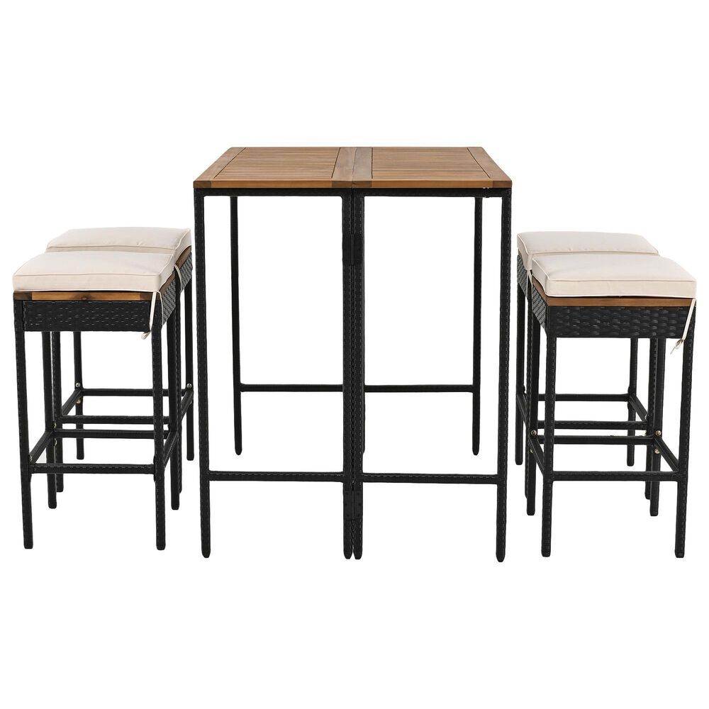 Hearth and Haven 5-Piece Outdoor Patio Wicker Bar Set with Off-White Cushion in Black and Brown, , large