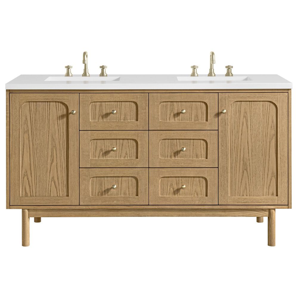 James Martin Vanities Laurent 60" Double Bathroom Vanity in Light Natural Oak with 3 cm White Zeus Quartz Top and Rectangular Sinks, , large