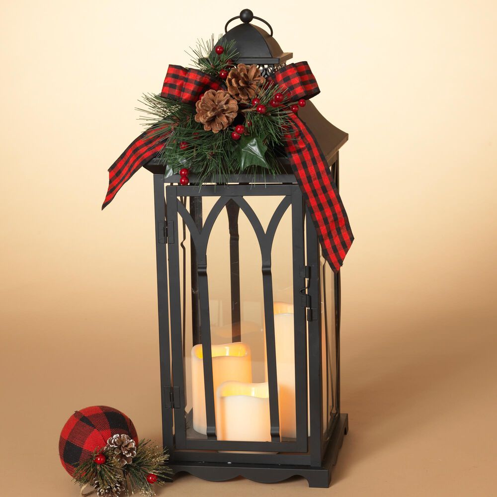 The Gerson Company 21&quot; Holiday Lantern with 3 LED Candles and Floral Accent in Black, , large