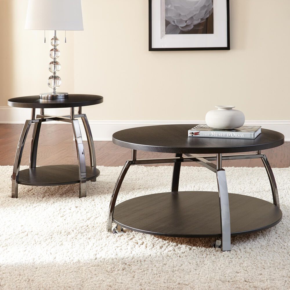 Steve Silver Furniture Coham Round Cocktail Table with Casters in Black Nickel and Espresso Brown, , large
