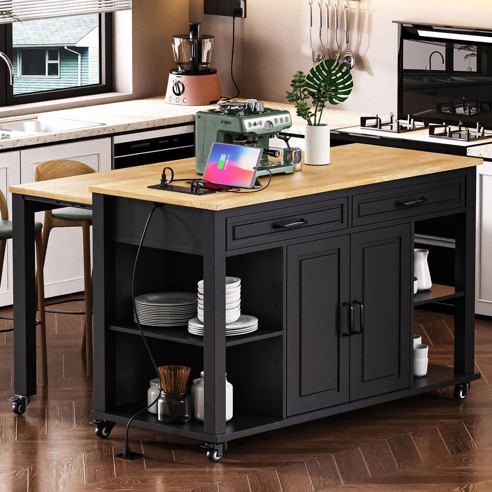 HOMLUX 47" Kitchen Island with Extendable Dining Table in Black and Natural, , large