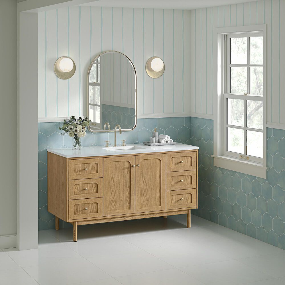 James Martin Vanities Laurent 60&quot; Single Bathroom Vanity in Light Natural Oak with 3 cm White Zeus Quartz Top and Rectangular Sink, , large