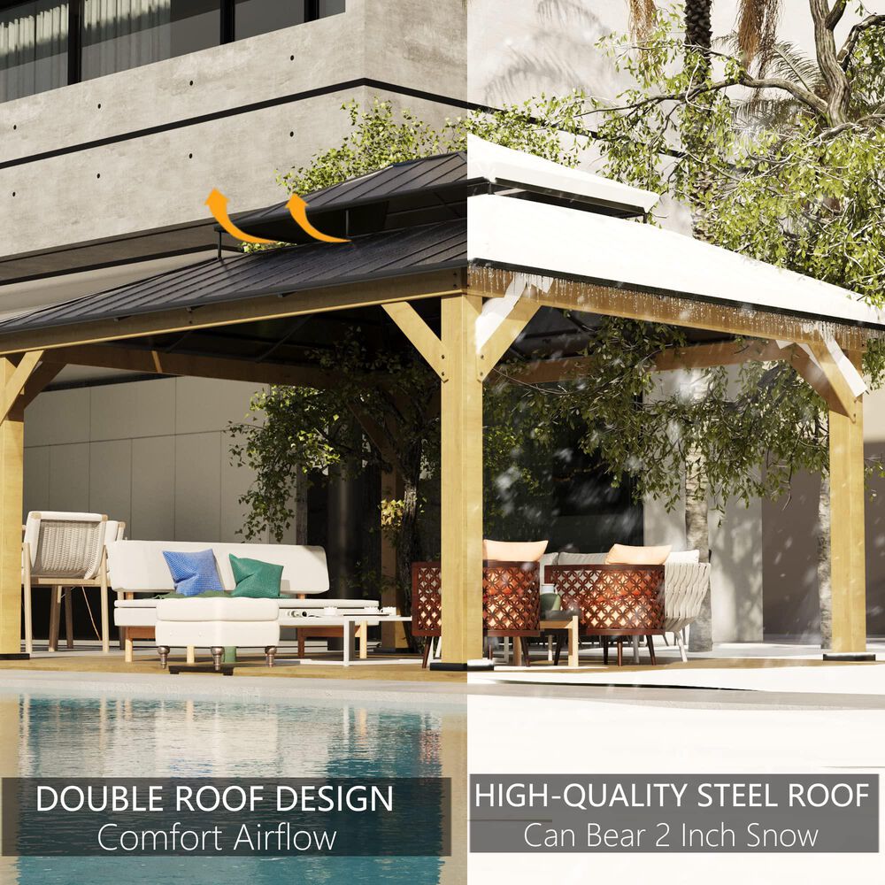 Sunwell Garden 13' x 11' Outdoor Double Roof Hardtop Wood Gazebo, , large