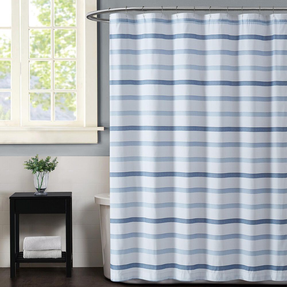 Pem America Truly Soft Waffle Shower Curtain in White and Blue, , large