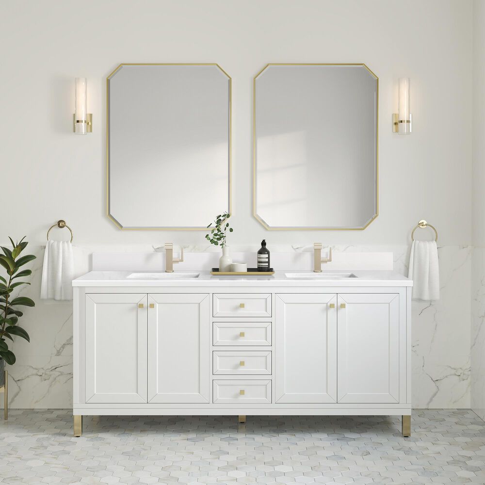 James Martin Vanities Chicago 72&quot; Double Bathroom Vanity in Glossy White with Single Hole 3 cm White Zeus Quartz Top and Rectangular Sinks, , large