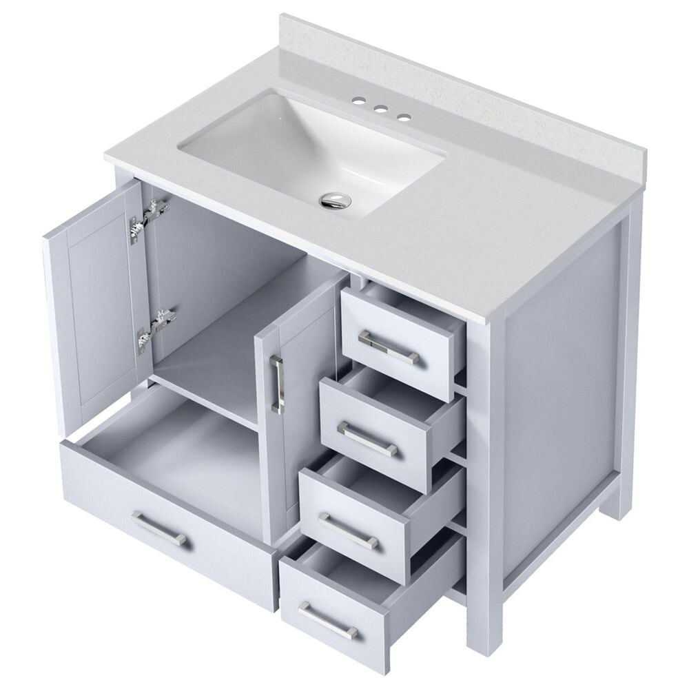 Lexora Home Jacques 36&quot; Left Offset Single Bathroom Vanity in White with 2 cm White Cultured Marble Top and Rectangular Sink, , large