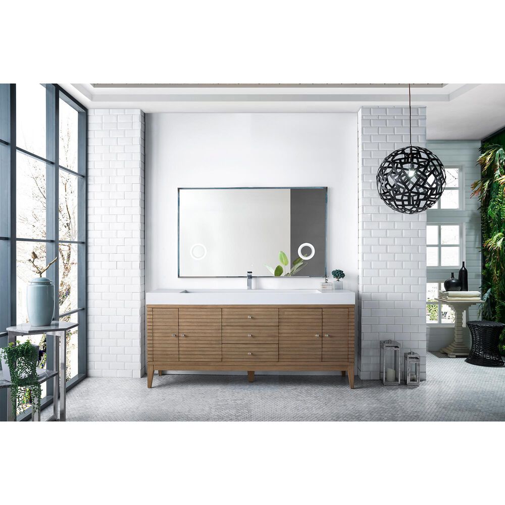 James Martin Vanities Linear 72&quot; Single Bathroom Vanity in Whitewashed Walnut with 10 cm Glossy White Solid Surface Top and Rectangular Sink, , large