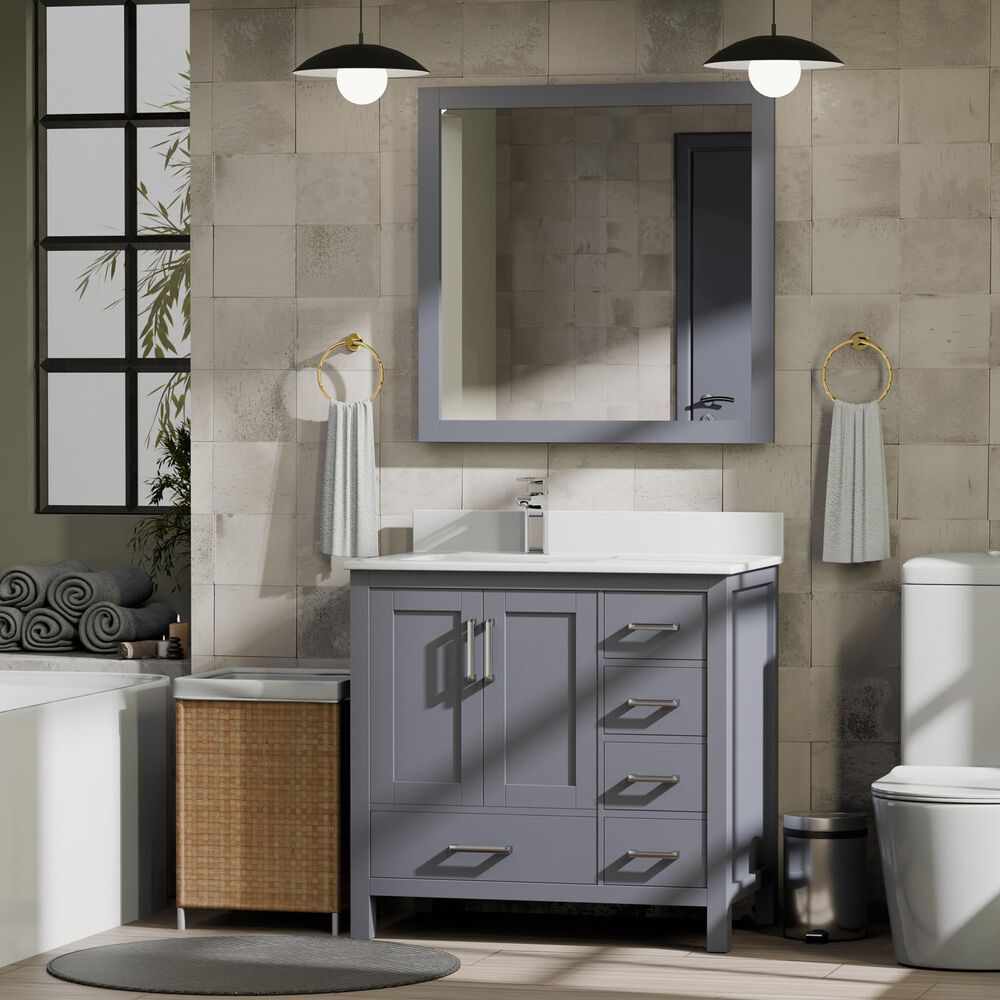Lexora Home Jacques 36" Left Offset Single Bathroom Vanity in Dark Grey with 2 cm White Quartz Top and Rectangular Sink, , large